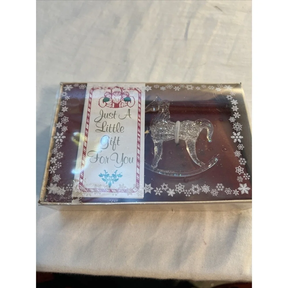 1986 Bradford Spun Glass Christmas Rocking Horse Ornament with Box